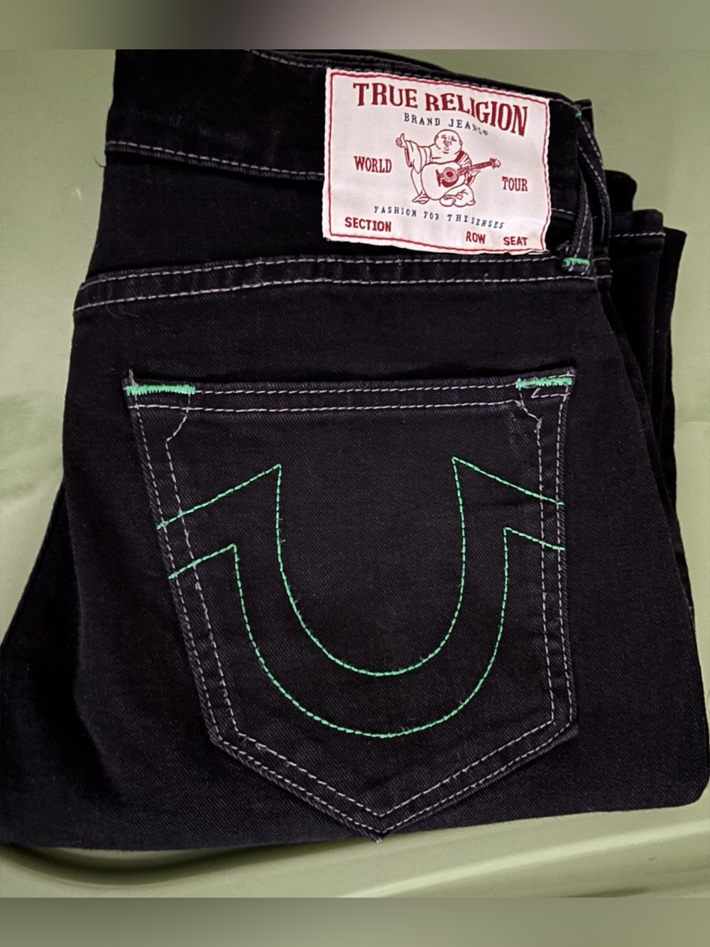 Men’s True Religion Ricky Relaxed Jeans – Green Horseshoe Stitching size 29